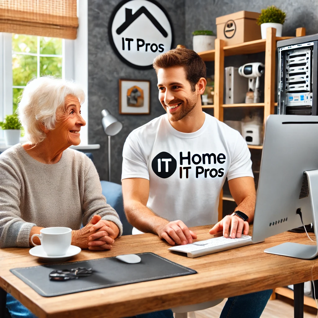 DALL·E 2024-07-27 21.36.01 - A modern, friendly IT support professional assisting an elderly person with a computer. The setting is a cozy home office with a well-organized desk,