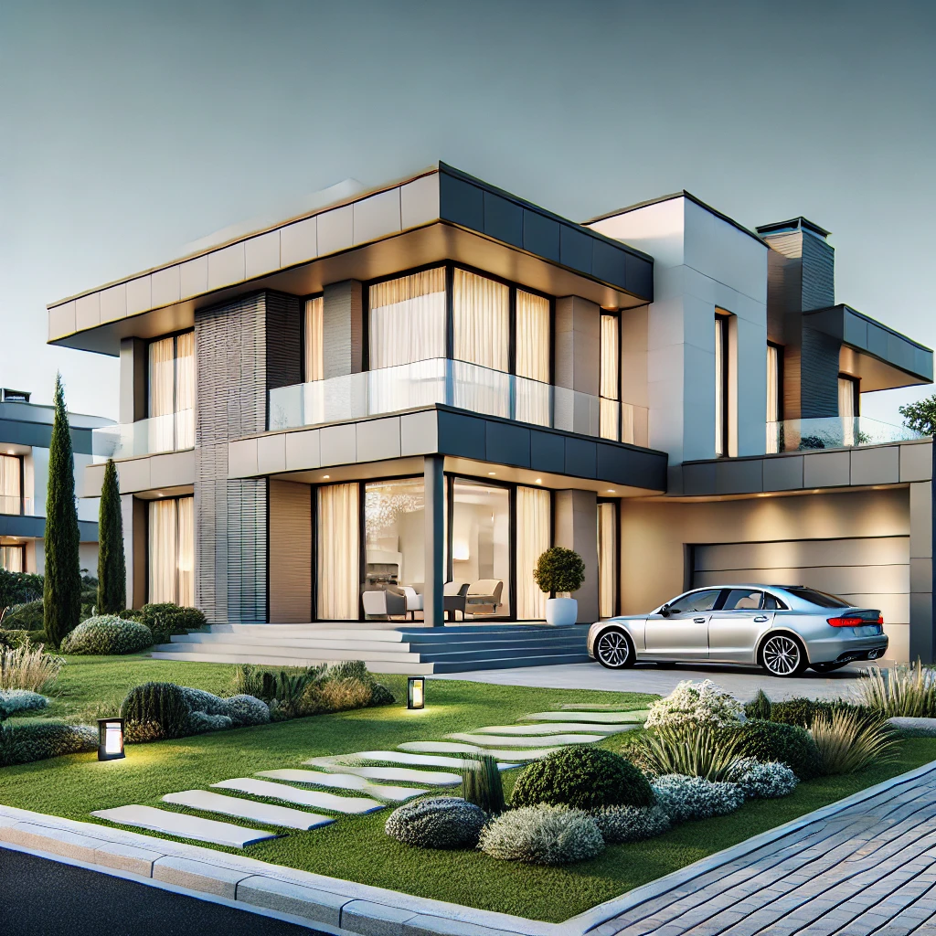DALL·E 2024-07-28 18.47.23 - A high-quality image of a modern beautiful house from the outside. The house should have a sleek, contemporary design with large windows, clean lines,